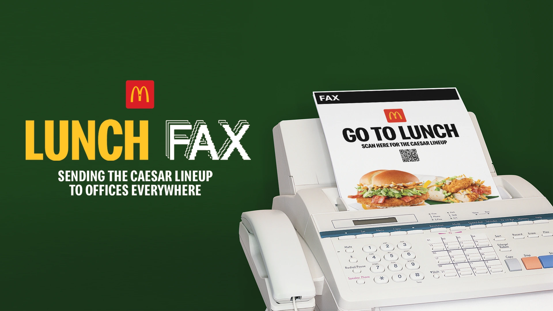 Gráfica de McDonald's Canada Lunch Fax con una máquina de fax imprimiendo un mensaje Go To Lunch y productos Chicken Caesar.